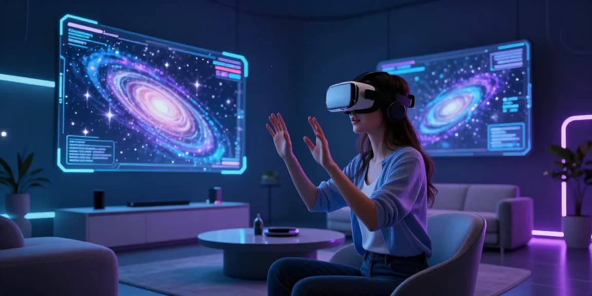 Engaging scene with a user interacting with a NSFW AI girlfriend in a futuristic digital world, showcasing immersive technology.