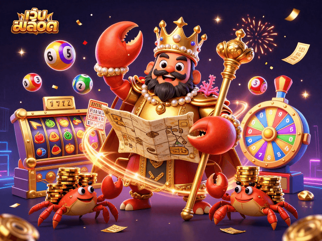 Experience thrilling เว็บสล็อต action with a majestic golden crab emperor amidst dynamic slots and colorful lottery elements.