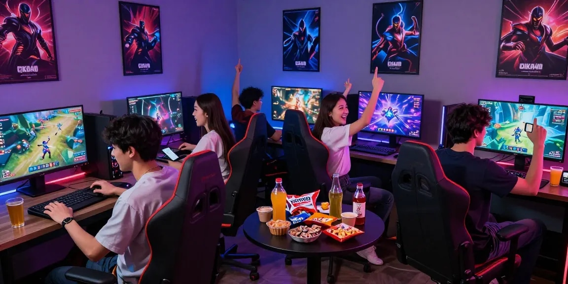 Friends enjoying online gaming on CIKA4D platform in a vibrant lounge.