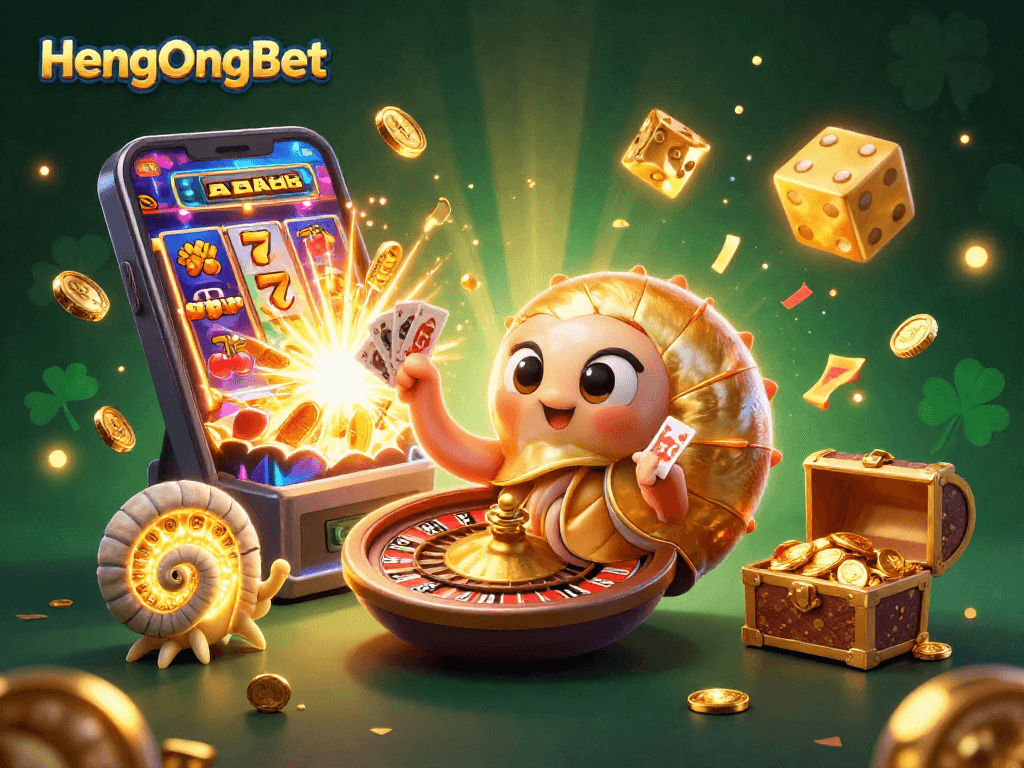 Experience exciting wins at HengOngBet with an ancient nautilus spinning a roulette wheel amid vibrant casino elements.