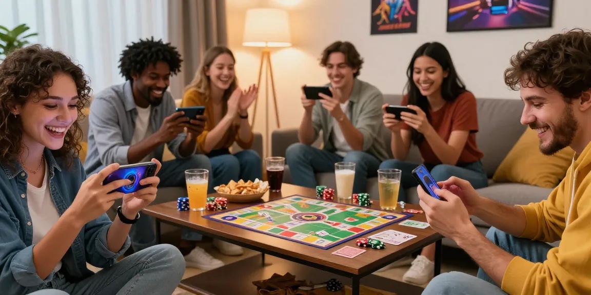 Engaged young adults playing mobile game Teen Patti Gold in a cozy living room.