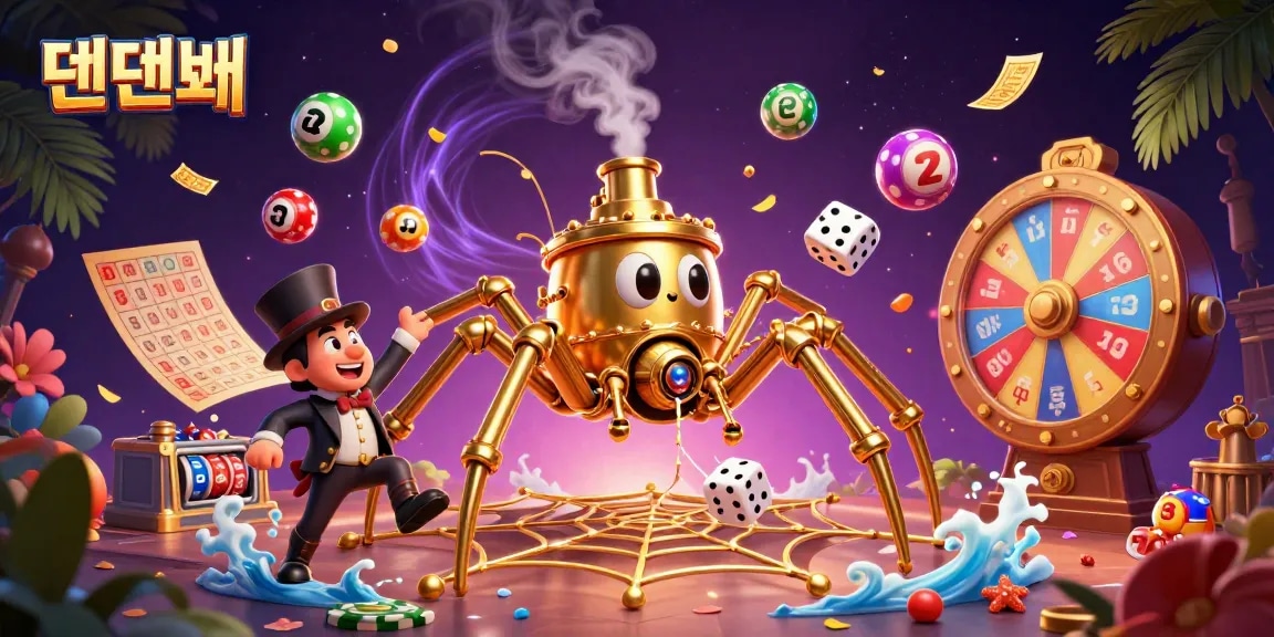 Experience the excitement at 텐텐벳 with dynamic lottery balls and a whimsical spider catching dice.