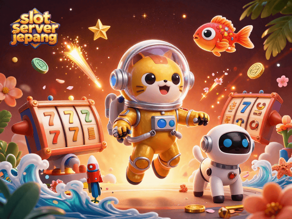 Engage with slot server jepang in this vibrant 3D illustration featuring a cat astronaut and robot dog.