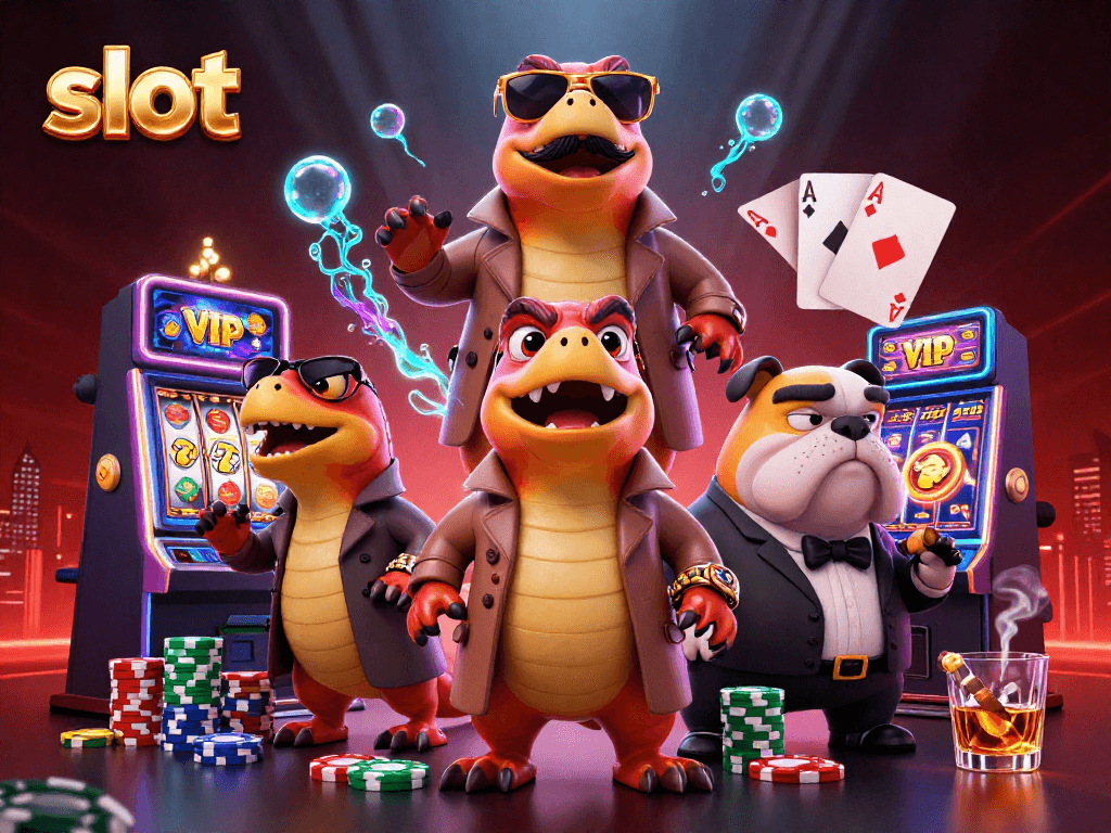 Engaging raptors impersonating a tall person at a slot casino, dynamic and colorful scene.