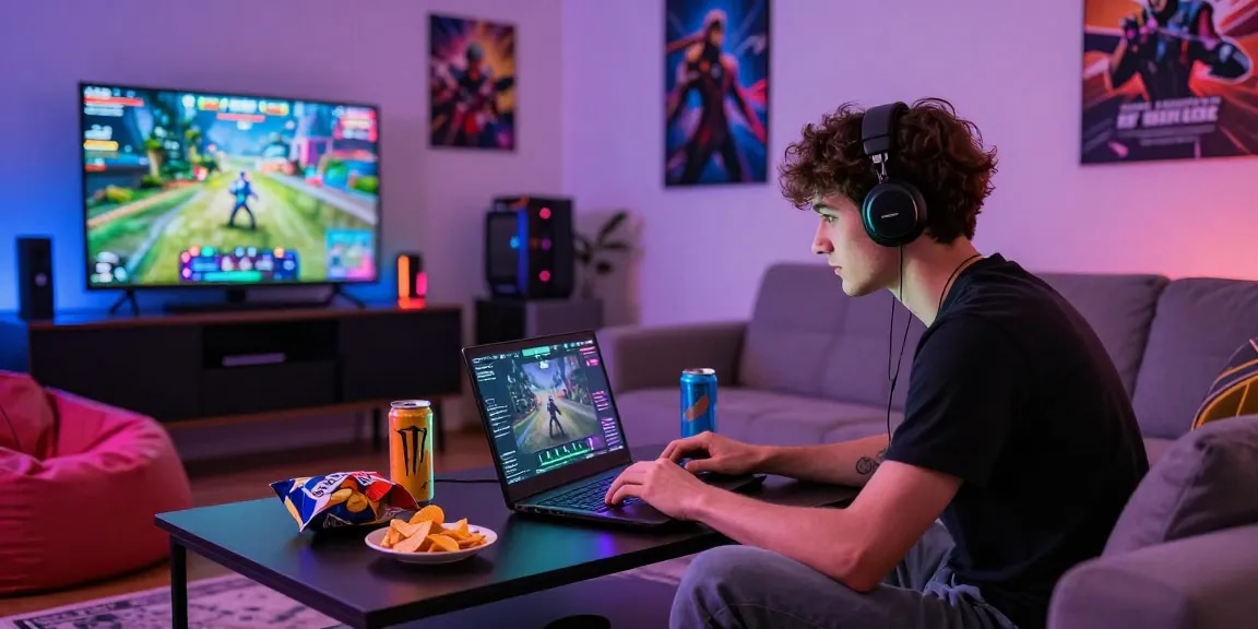 Engaging online gaming setup featuring benihtoto gameplay with vibrant decor and snacks