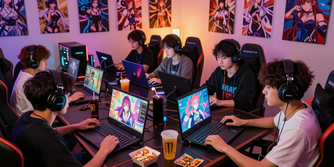 Players enjoying hentai games in a cozy gaming room with anime graphics