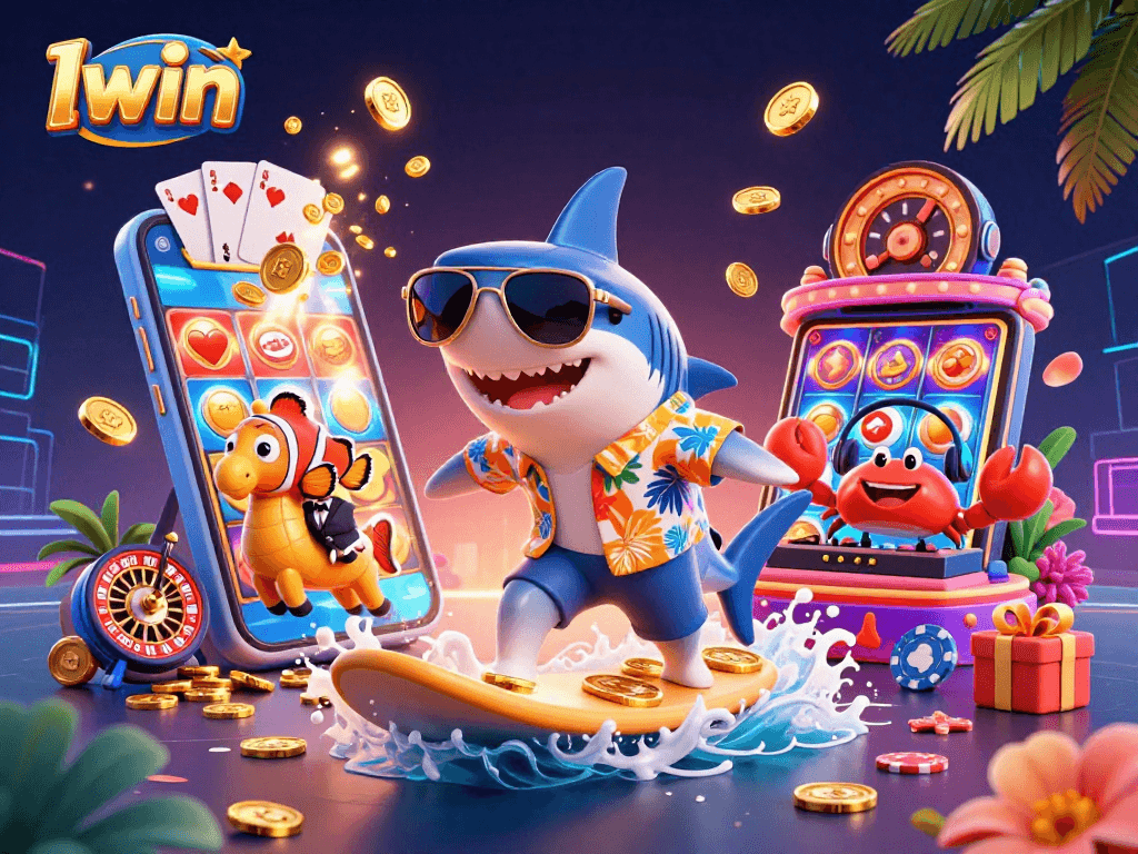 Iwin showcases vibrant gameplay with a hammer-head shark surfing gold coins and engaging casino elements.