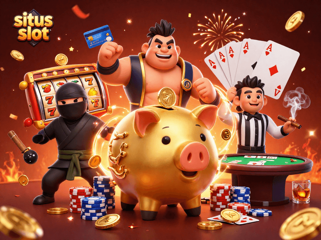 Menangkan situs slot dengan ilustrasi 3D yang menunjukkan karakter pembayaran jackpot dan pesta kasino.