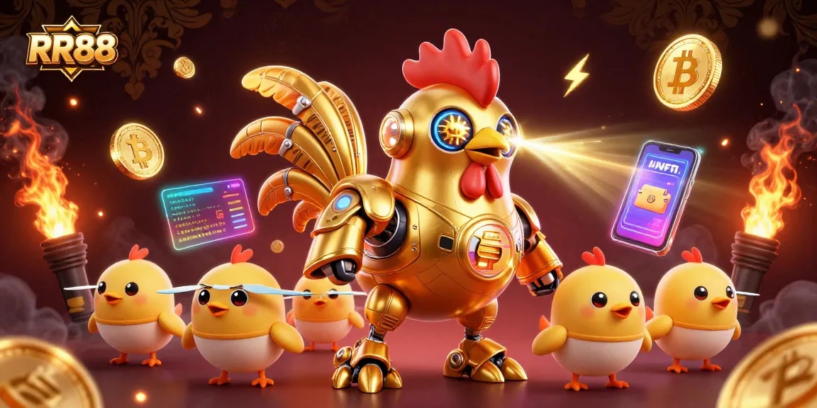 Bet on RR88 with an exciting scene of a golden rooster robot and crypto elements capturing the thrill of online gambling.