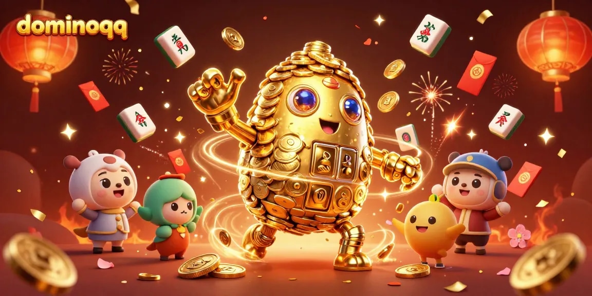 Experience thrilling gameplay with dominoqq, highlighted by a captivating 3D golem and festive casino elements.