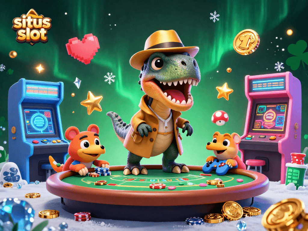 Permainan situs slot yang menarik dengan dinosaur kartun di meja blackjack, menciptakan suasana kasino yang menyenangkan.