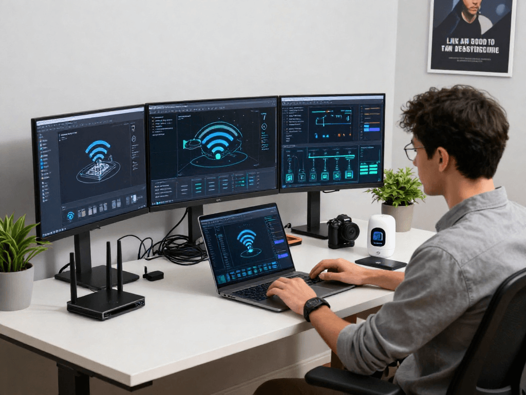 Pengaturan WiFi 4D modern di ruang kerja profesional dengan perangkat pintar dan analisis jaringan