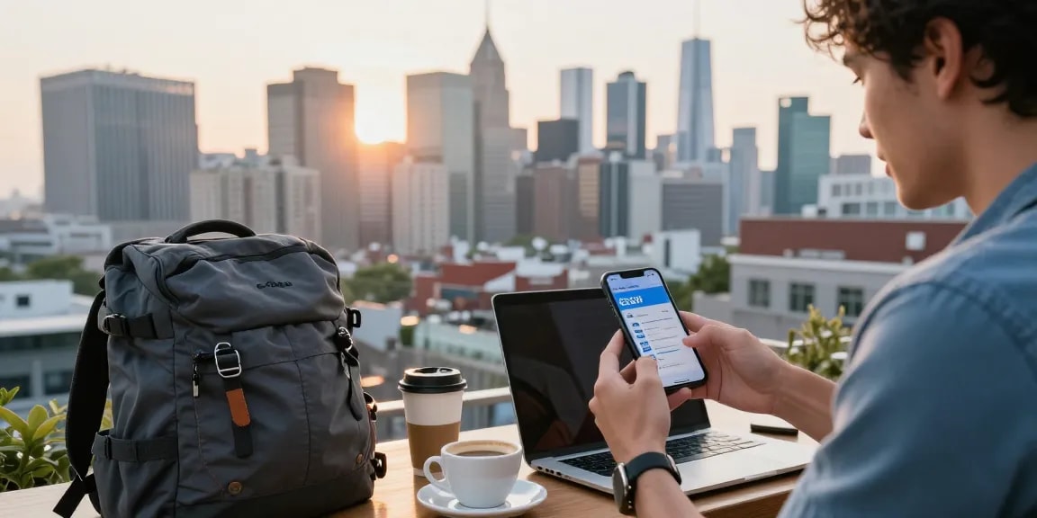 Using an esim voucher code at a café with a city skyline view.