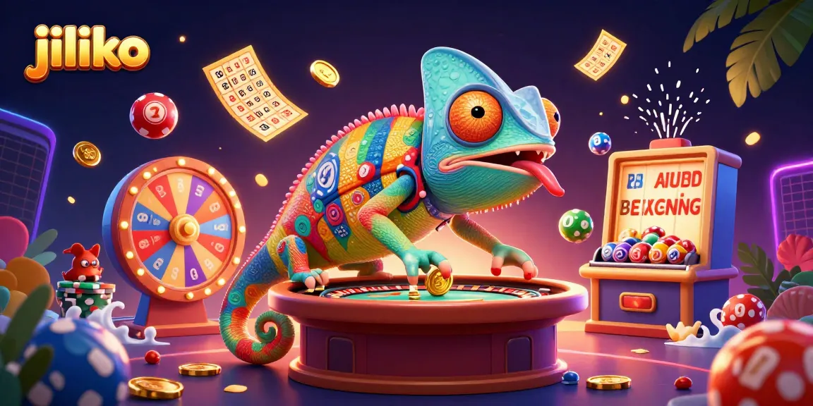 Engage with jiliko's vibrant gaming world featuring a chameleon casino owner amidst lottery excitement.