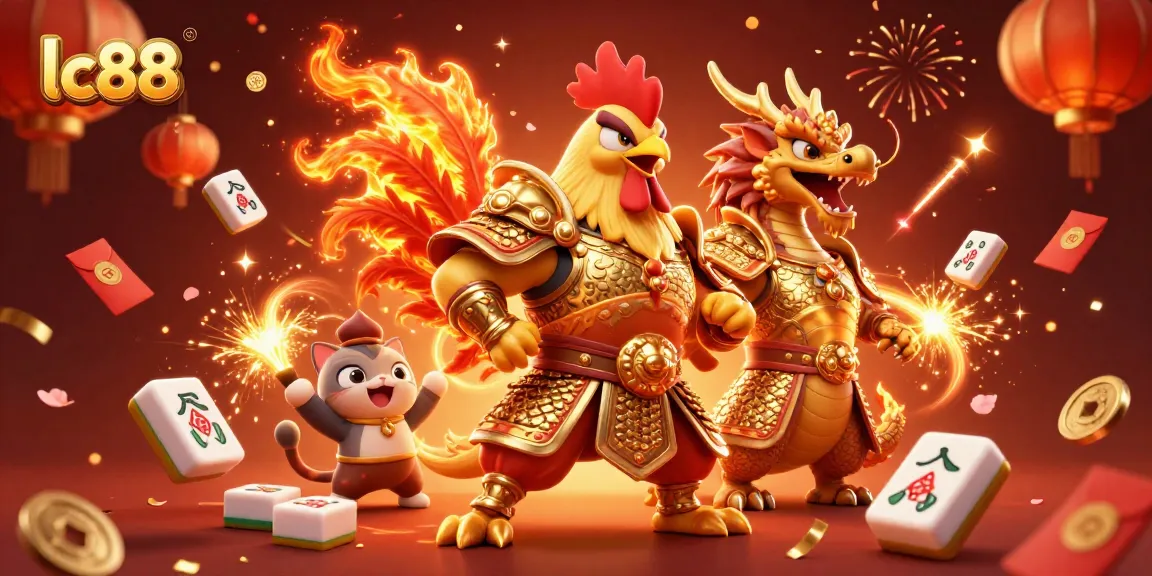 Experience the excitement of lc88 with vibrant gaming elements, showcasing a majestic rooster warrior and dragon hatchling.
