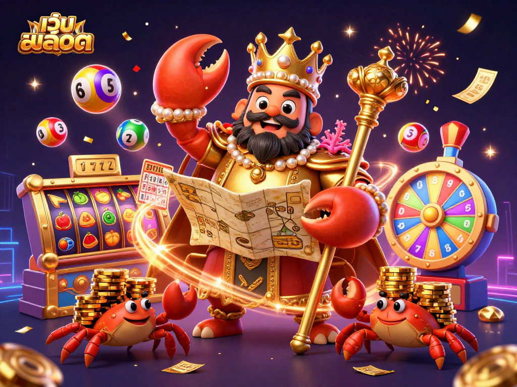 Experience thrilling เว็บสล็อต action with a majestic golden crab emperor amidst dynamic slots and colorful lottery elements.