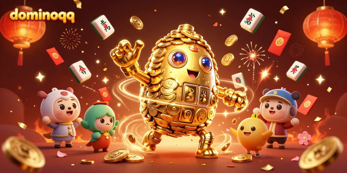 Experience thrilling gameplay with dominoqq, highlighted by a captivating 3D golem and festive casino elements.