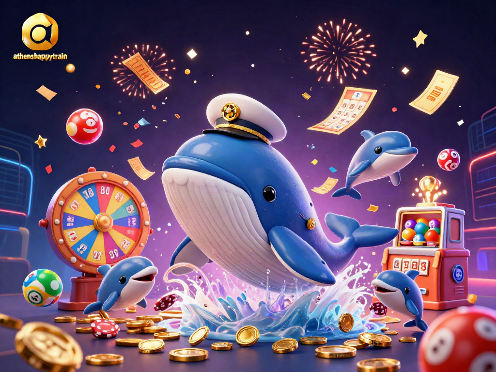 Experience the excitement of athenshappytrain with a vibrant 3D whale and playful dolphins amid lottery elements.
