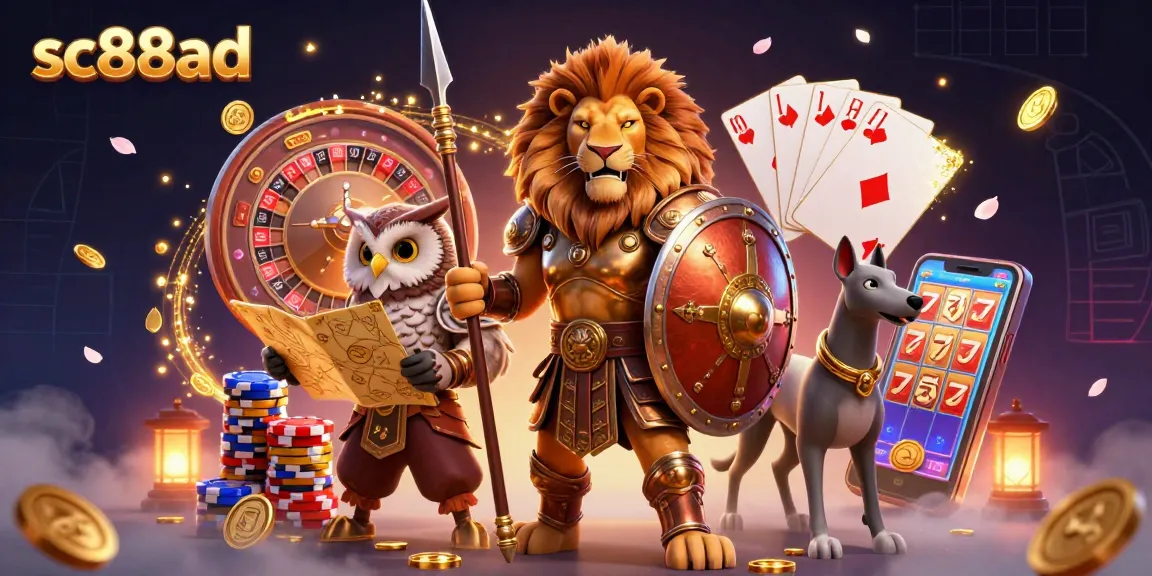 Engage with sc88ad's thrilling jackpot experience, showcasing a dynamic casino illustration filled with rich gaming elements.
