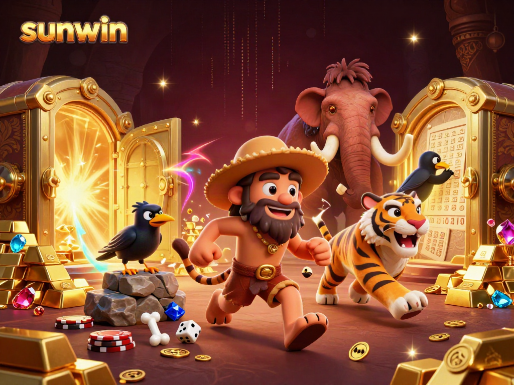 Play with exciting games at Sunwin’s prehistoric casino with colorful stacks of chips and golden treasures.