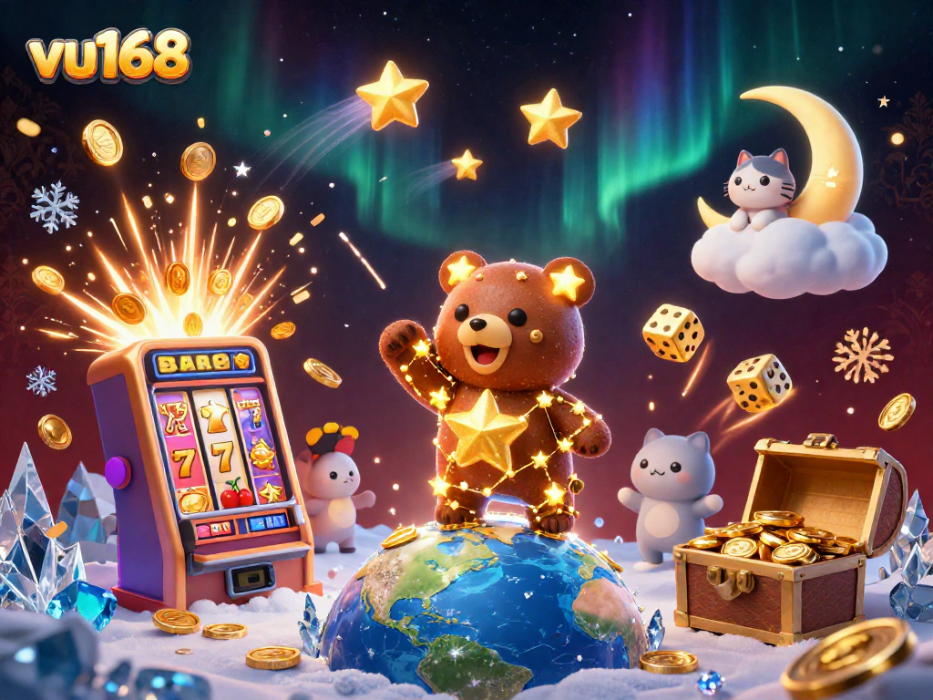 Experience thrilling wins at vu168 with a vibrant 3D casino illustration showcasing slot machines and golden coins.