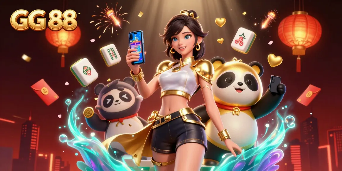 Experience the vibrant world of GG 88 with an Asian woman gaming and a playful panda mascot amidst casino elements.
