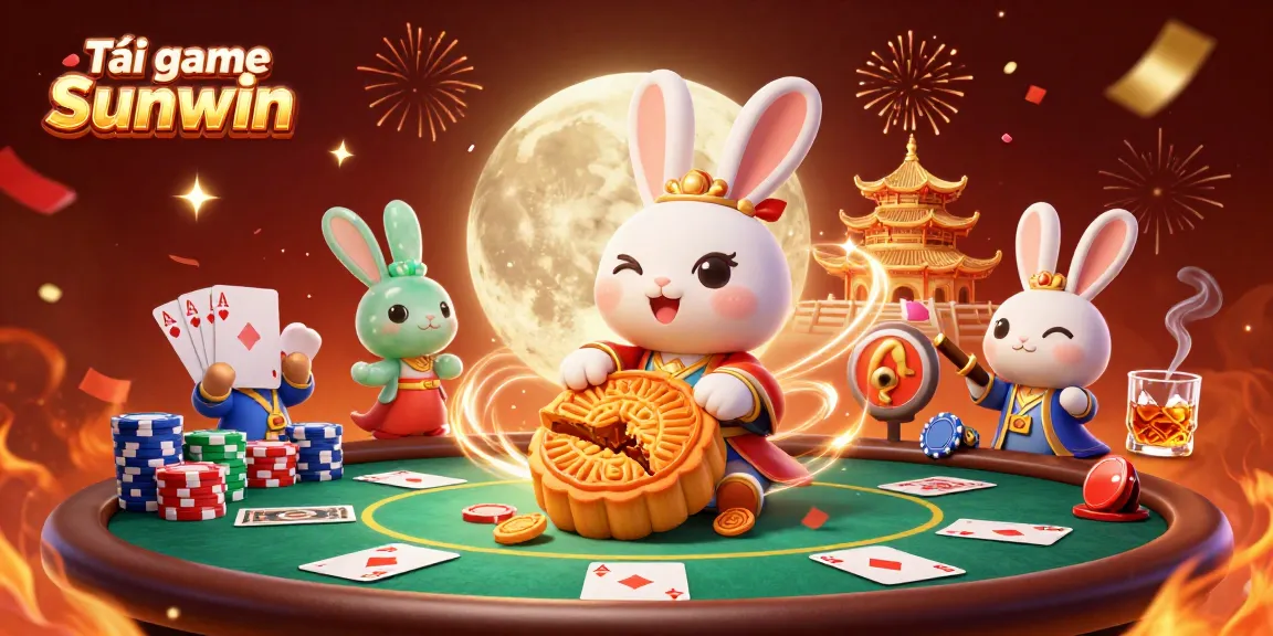 Play Tải game Sunwin in a vibrant 3D casino scene with animated moon rabbits and poker elements