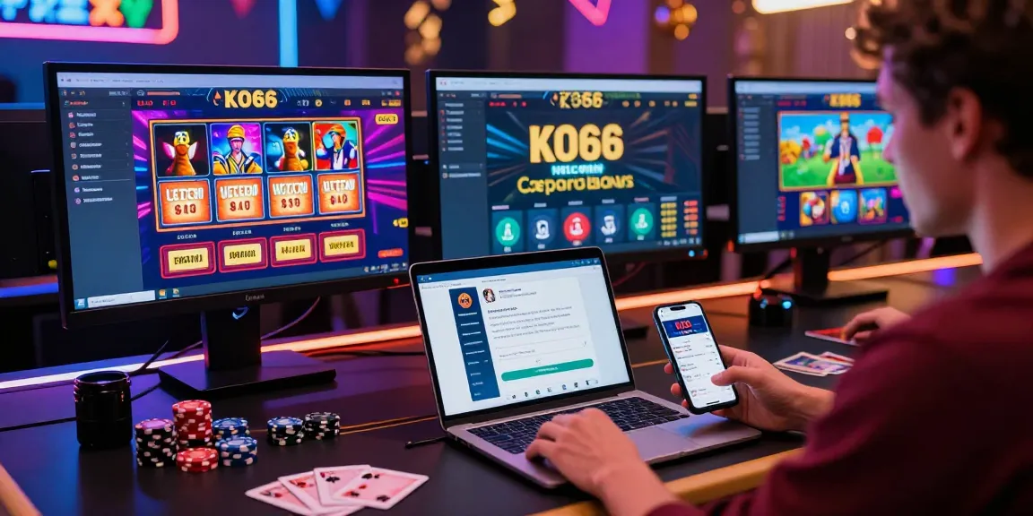 Enthusiastic player exploring the KO66 app with casino games in a vibrant digital setting.