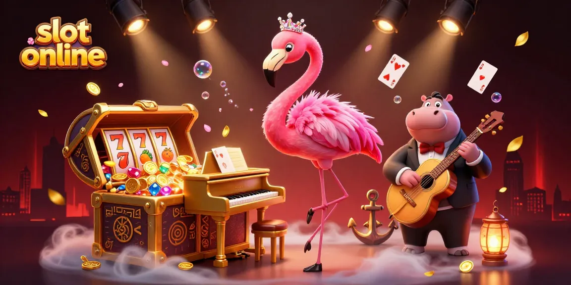 Menggali kemenangan di slot online dengan pemandangan penuh simbol keberuntungan dan kebahagiaan dalam ilustrasi kasino.