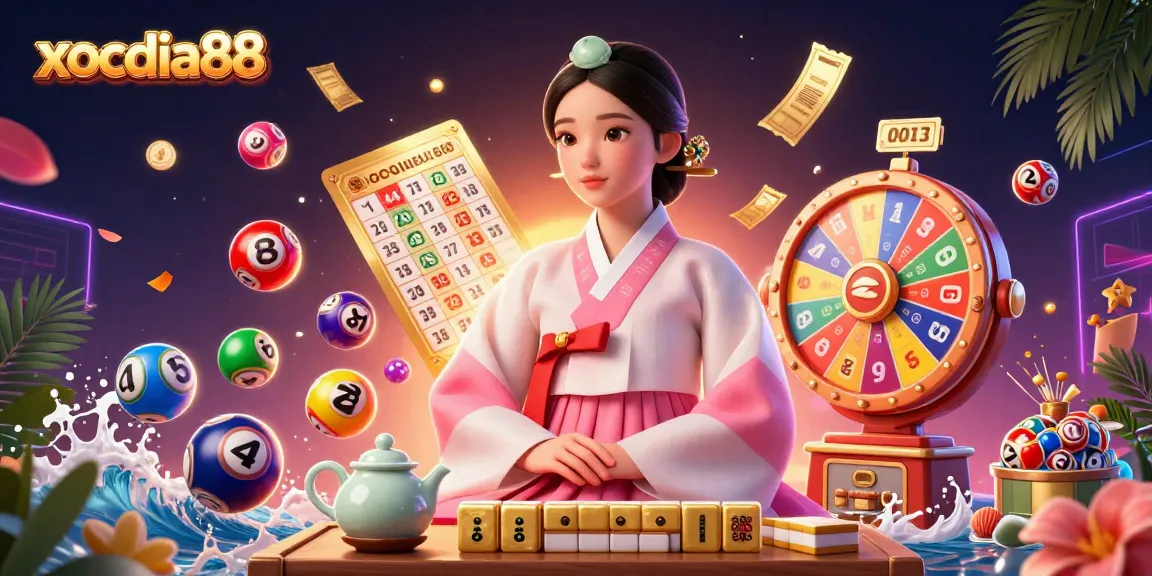 Xocdia88 showcases thrilling lottery action with vibrant elements and a serene Asian woman amidst the excitement.