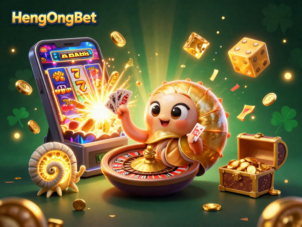Experience exciting wins at HengOngBet with an ancient nautilus spinning a roulette wheel amid vibrant casino elements.