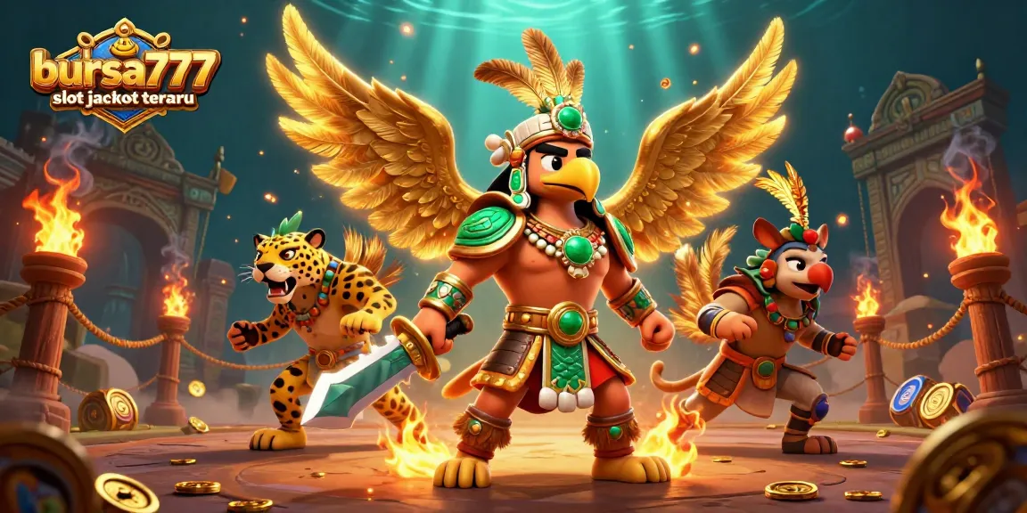 Bursa777 slot jackpot terbaru illuminates a vibrant scene with Aztec warriors, gold coins, and engaging slot reels.