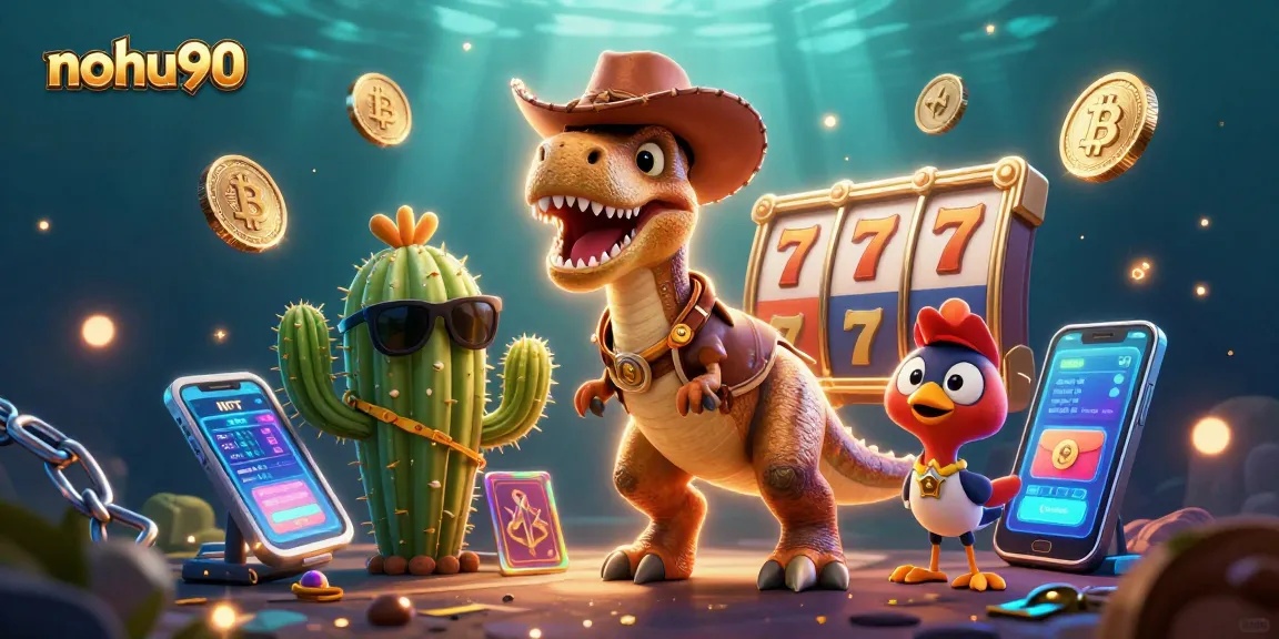 Engage with nohu90 slots featuring a T-Rex, cactus, and roadrunner in an exciting 3D illustration.