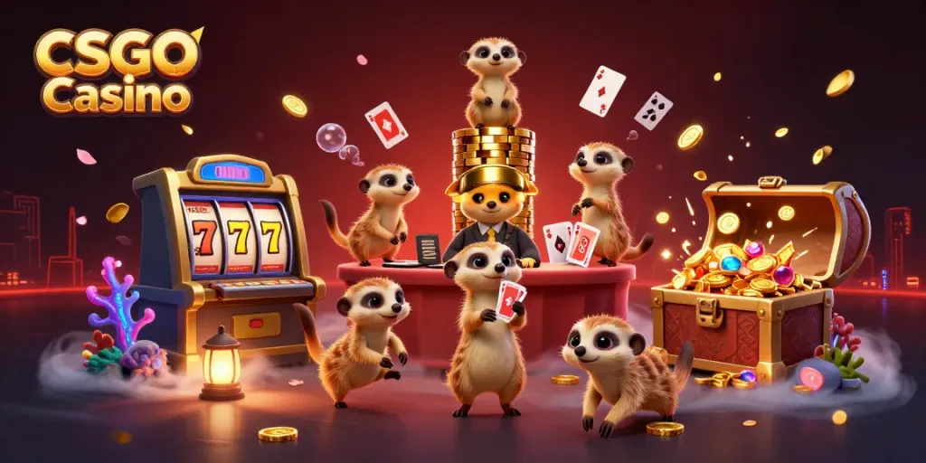 Engaging CSGO Casino illustration with meerkats in a vibrant casino setting, showcasing excitement and dynamics.