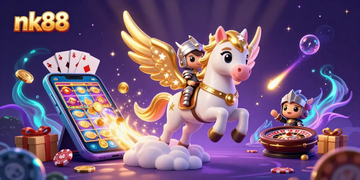 Experience the thrill of nak88 with a magical 3D illustration of a knight and celestial horse in a vibrant casino setting.