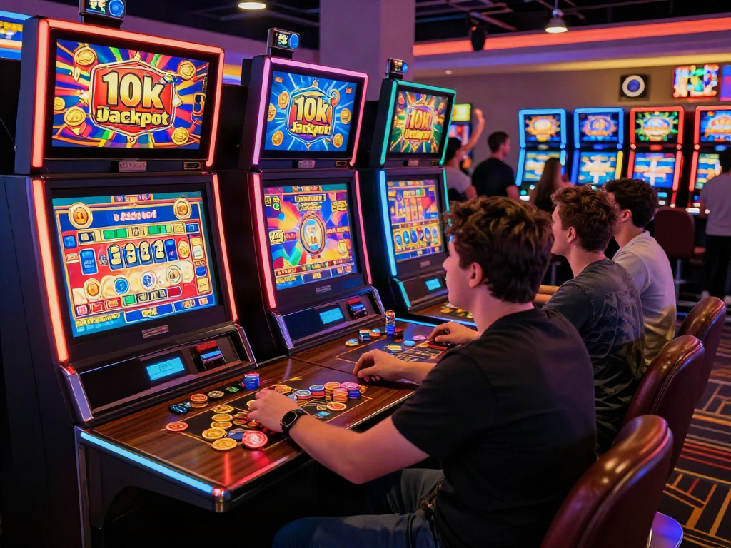 Players engaged at a slot 10k machine in a lively casino environment.