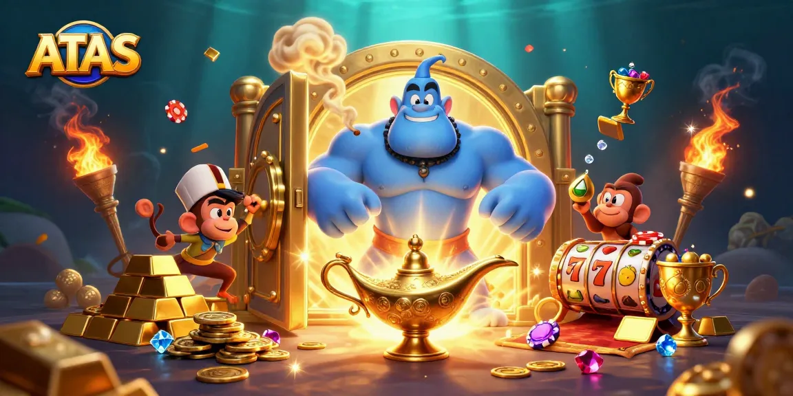 Engage in thrilling gameplay at ATAS, showcasing a vibrant 3D scene of casino fun with a genie.