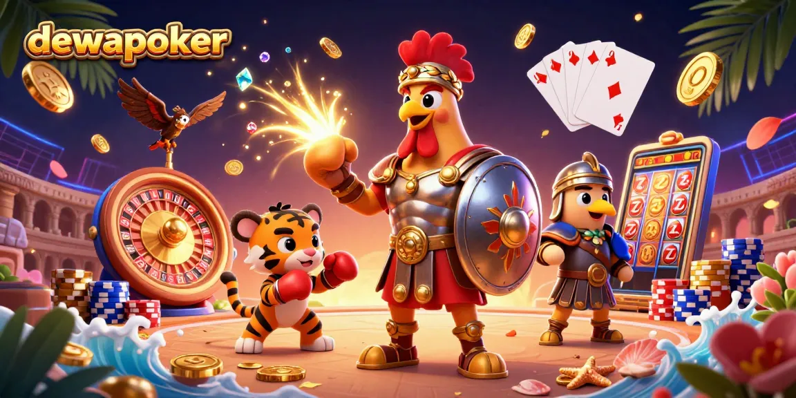 Permainan dewapoker yang mendebarkan dengan simbol keberuntungan, koin emas, dan kartu kemenangan.