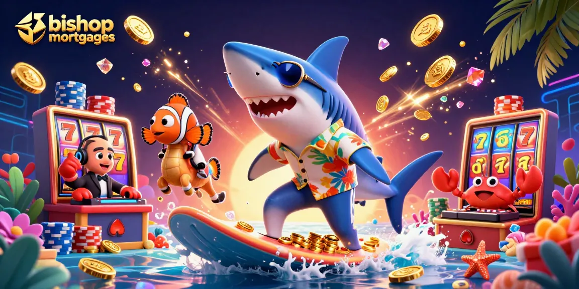 Join the fun at bishopmortgages with a vibrant scene of a shark, clownfish, and crab in a casino setting.