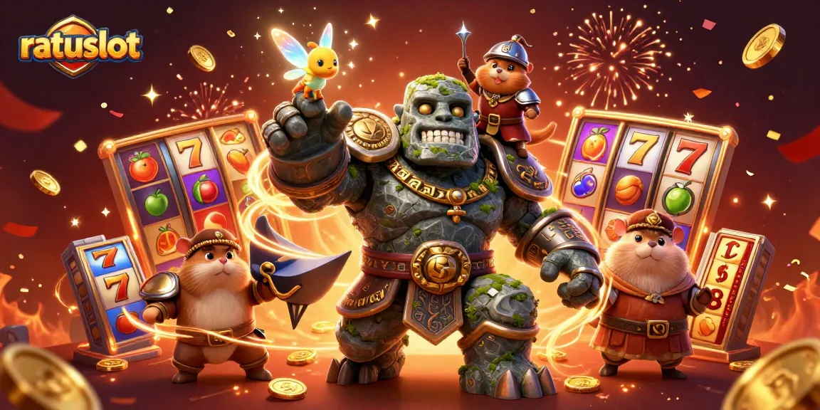 Experience thrilling gameplay with Ratuslot's dynamic slot reels and magical characters in a vibrant casino scene.