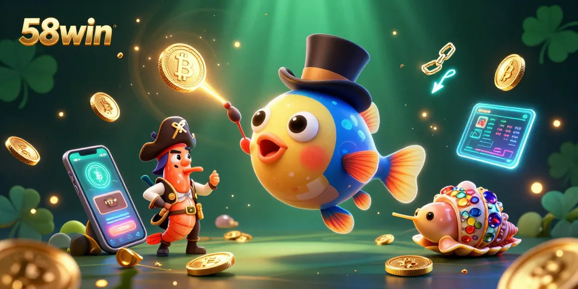 Engage with 58win's vibrant 3D illustration showcasing casino excitement and crypto elements.