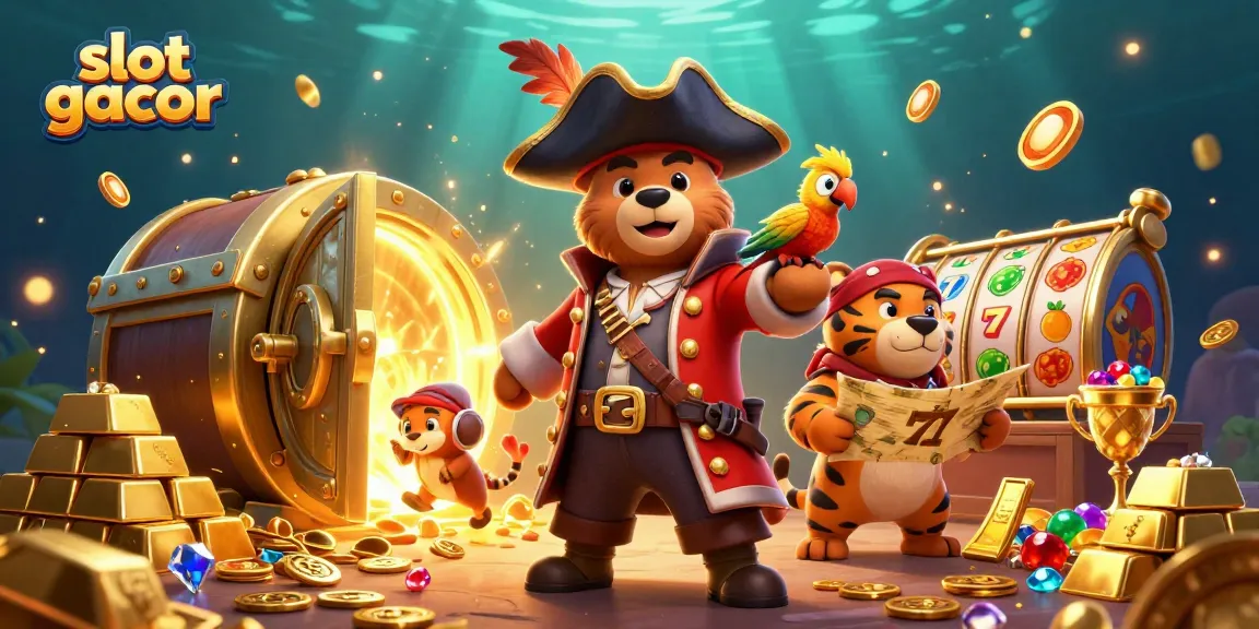 Engage with the slot gacor scene featuring a pirate bear and treasure amidst vibrant slot reels.