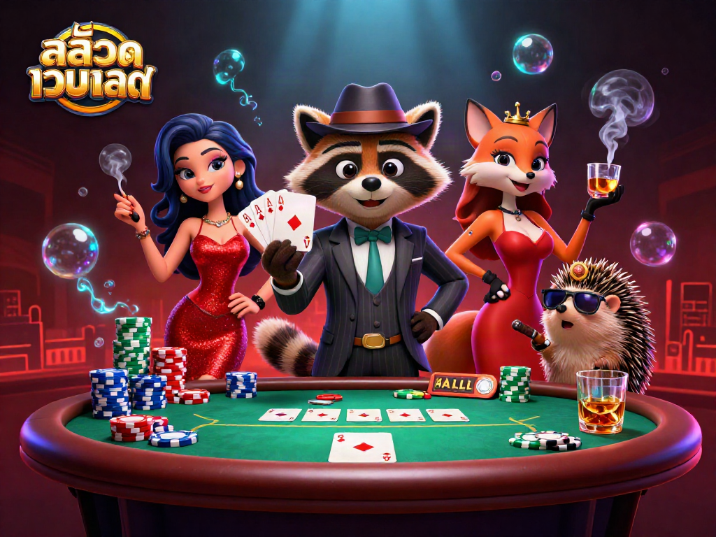 Engage with สล็อตเว็บตรง at a vibrant casino scene featuring charming characters and thrilling game elements.