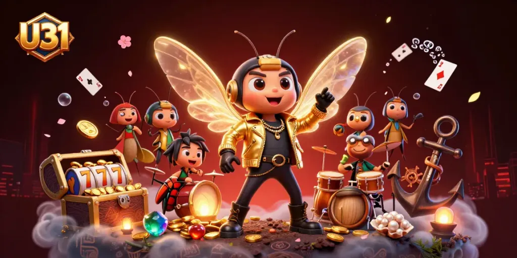 Experience thrilling U31 casino action with a vibrant 3D illustration of characters surrounded by slot reels and treasure.