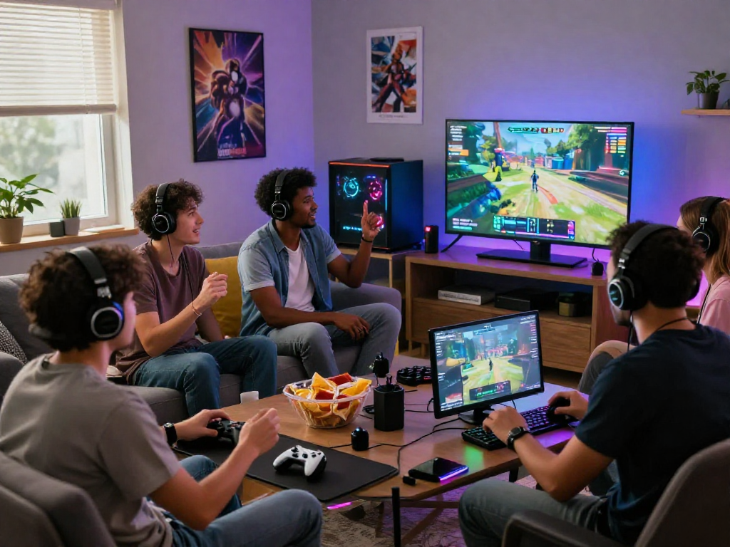 Exciting online gaming experience with friends enjoying MPOCASH.blog setup in a vibrant living room full of gaming gear.