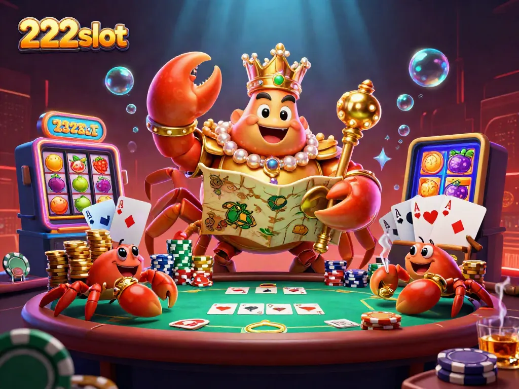 Menang di 222slot dengan ilustrasi kartun 3D kepiting emas besar dan suasana kasino meriah.
