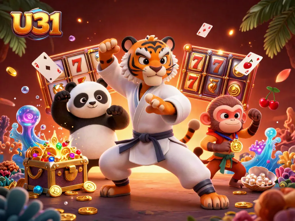 Engage in thrilling U31 action with cartoon characters amidst slot reels and treasures