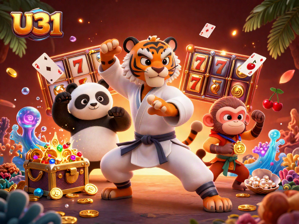 Engage in thrilling U31 action with cartoon characters amidst slot reels and treasures