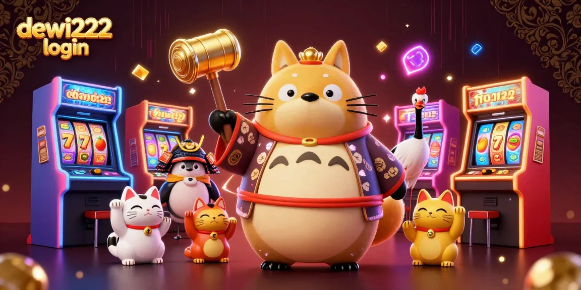 Experience smooth gameplay with dewi222 login, as the cheerful tanuki brings luck in a vibrant casino scene.