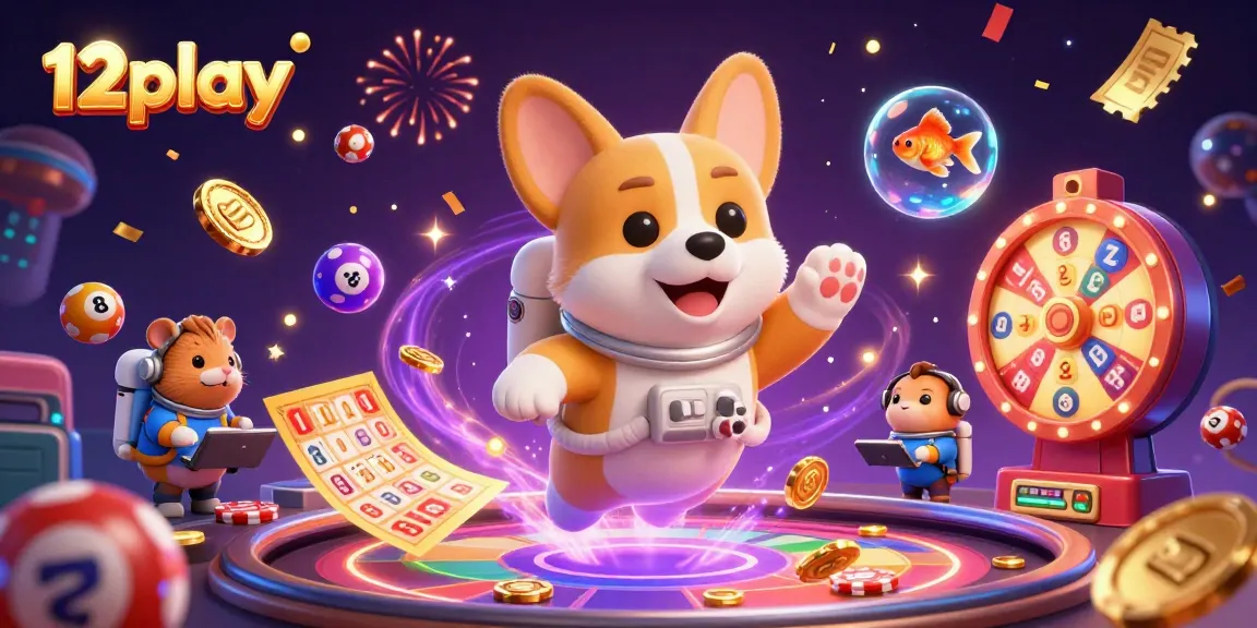 Experience the excitement at 12play with this vibrant illustration featuring a floating casino scene.